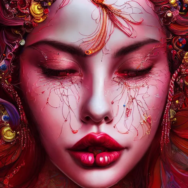 Prompt: an absurdly beautiful, elegant, young hypercolorful woman made of rubies and red gems, ultrafine hyperrealistic detailed face illustration by kim jung gi, irakli nadar, intricate linework, sharp focus, bright colors, matte, octopath traveler, final fantasy, unreal engine highly rendered, global illumination, radiant light, intricate environment