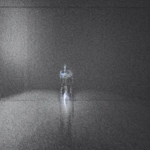 Image similar to cctv of an extremely dark empty room with glowing humanoid cryptid monster made out of static, dark deep black shadows, red and black color contrast in the style of trevor henderson and james ensor goya, liminal space, 3 d octane render, glitch effect