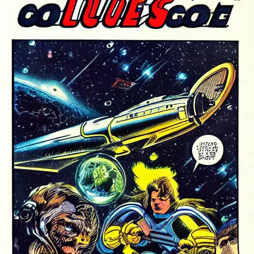 Prompt: 1 9 8 0 s comic book title cover scan, highly detailed professional comic art, featuring a lot of different animals and aliens on the earth view from upside, 8 0 s sci - fi comic art