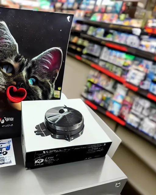 Image similar to Photo of a GPU box sitting on a store shelf in microcenter with a silly artwork of a cat flying a UFO printed on the box