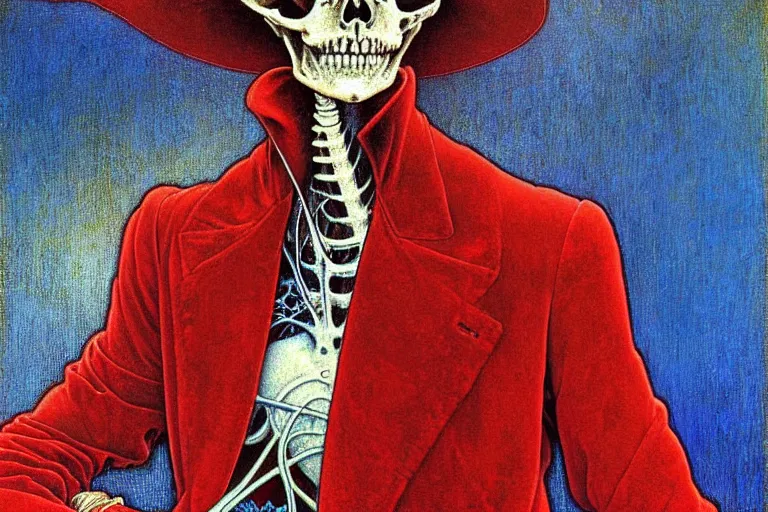 Image similar to realistic detailed closeup portrait painting of a single skeleton wearing red velvet blazer in a crowded futuristic moscow street by Jean Delville, Amano, Yves Tanguy, Alphonse Mucha, Ernst Haeckel, Edward Robert Hughes, Roger Dean, rich moody colours, blue eyes