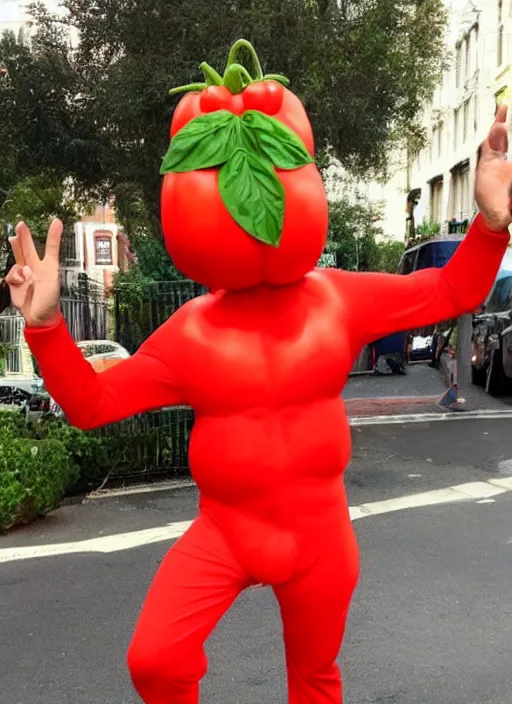 Image similar to jeff goldblum in a tomato outfit