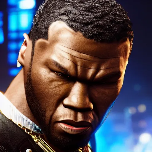 Image similar to a videogame still of 50 Cent in Tekken 7, portrait, 40mm lens, shallow depth of field, close up, split lighting, cinematic