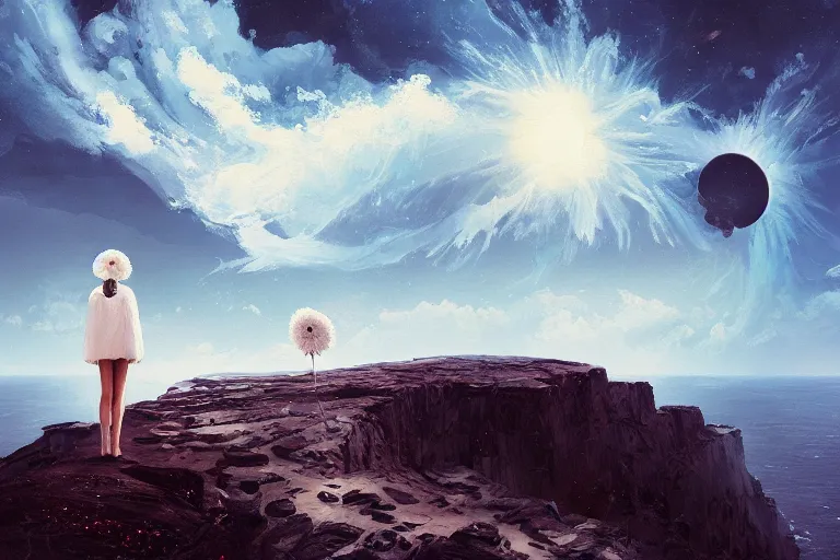 Image similar to giant white daisy flower on head, girl standing on cliff, surreal photography, solar eclipse, milky way, dramatic light, impressionist painting, clouds, digital painting, artstation, james gilleard, liam wong, jeremy mann, simon stalenhag