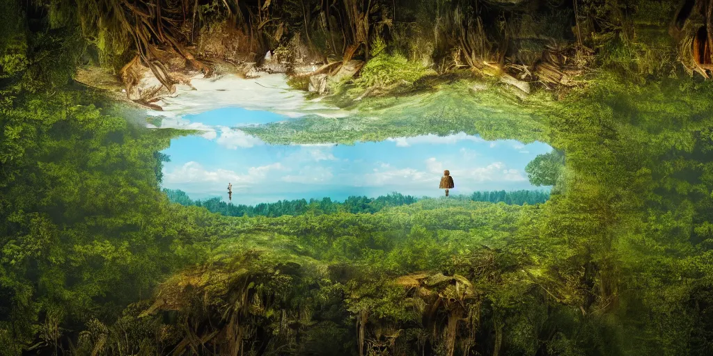 Image similar to a very high resolution image from a new movie, upside - down building, forest, sea, sky, mirror, beautiful scenery, photorealistic, photography, directed by wes anderson