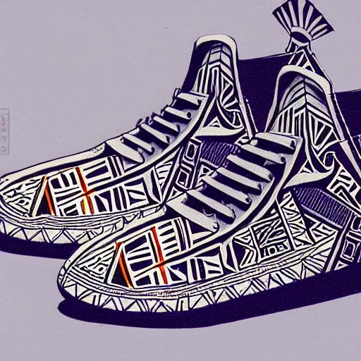 Image similar to sneaker design, aztec mayan street fashion native punk shoe design, hip hop sneaker design with subtle mayan patterns, gapmoe yandere grimdark, trending on pixiv fanbox, painted by greg rutkowski makoto shinkai takashi takeuchi studio ghibli, akihiko yoshida