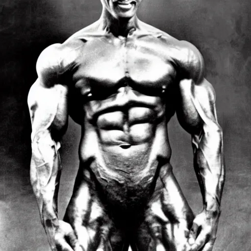 Prompt: mahatma ghandi bodybuilder, muscular, macho, photo,