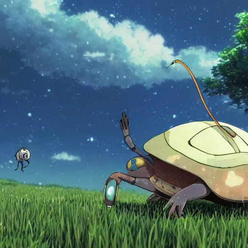 Prompt: A Toad riding beetle by Dice Tsutsumi, Makoto Shinkai, Studio Ghibli