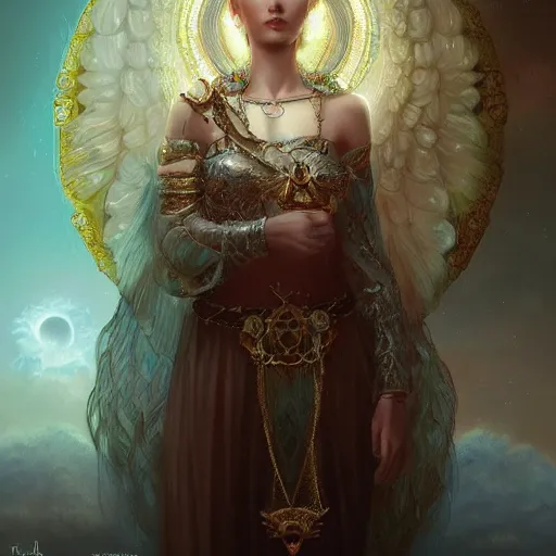 Prompt: A beautiful digital painting of a female Seraphim full of jewels, princess, the moon behind her, intricate, cinematic lighting, highly detailed, digital painting, Artstation, concept art, smooth, sharp focus, illustration, art by Tom Bagshaw, Artgerm and Greg Rutkowski