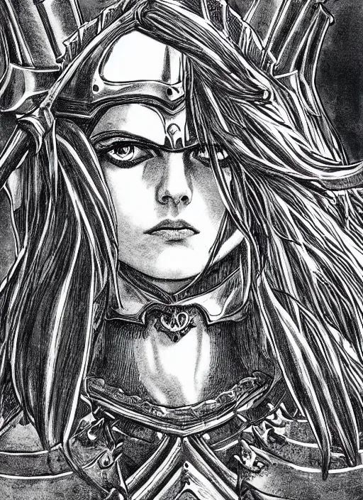 Image similar to Alexandra Daddario as a knight, highly detailed, black and white, manga, art by Kentaro Miura