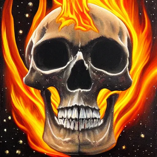 Prompt: skull made of fire and diamonds, floating in the universe, oil painting