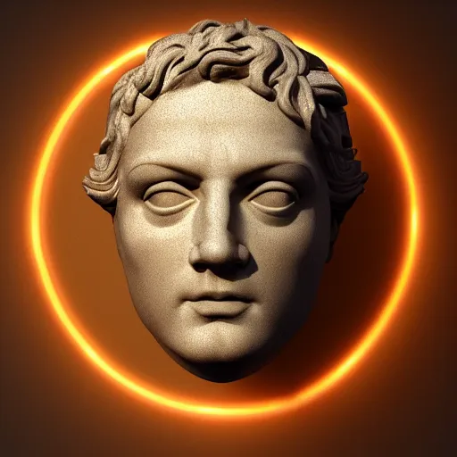 Prompt: a 3 d render of the head of david statue with a neon ring around the head, in the style of michelangelo