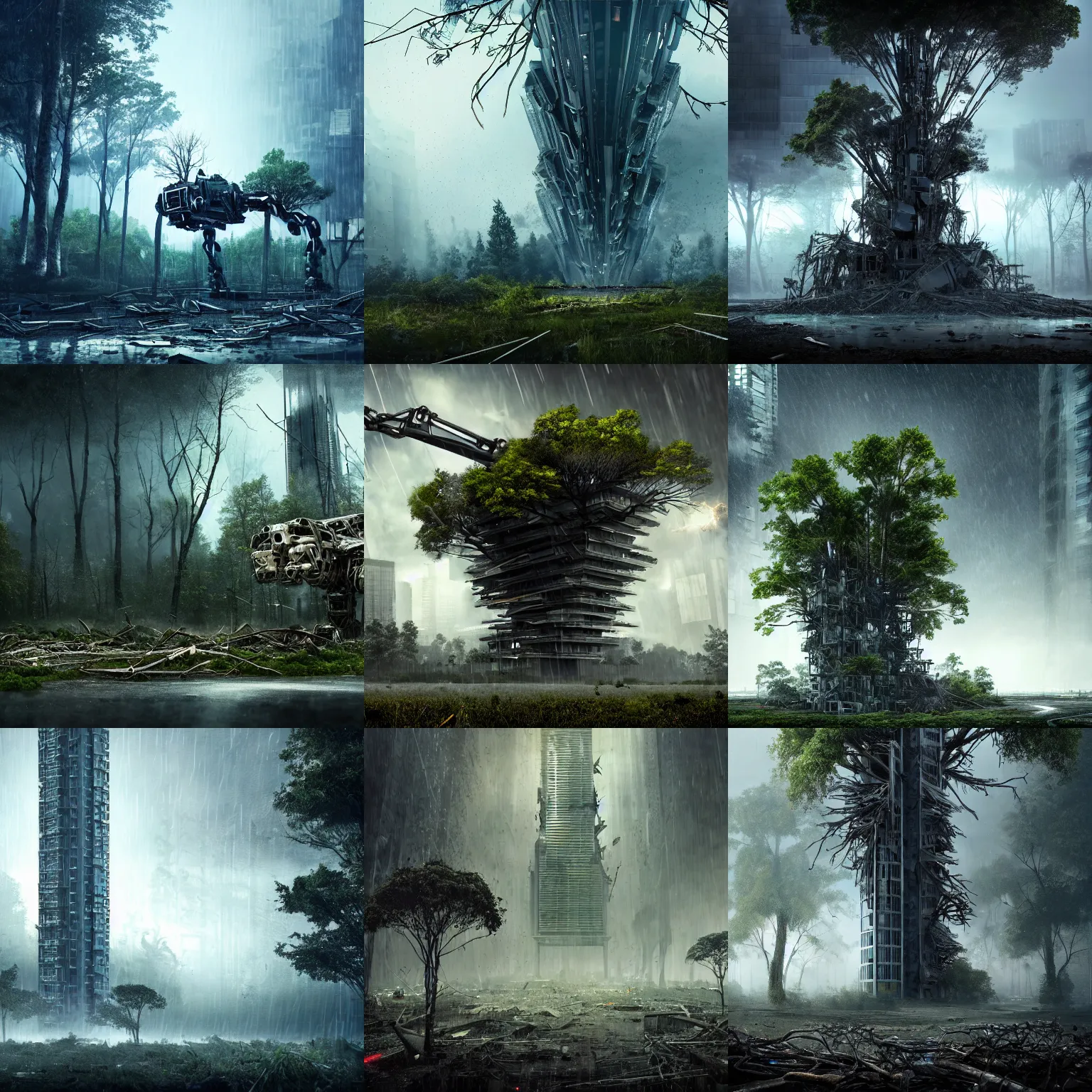 Prompt: broken down large skyscraper sized quadruped robot with a large railgun with trees growing around it, nature taking over, destroyed human structures, fall of humanity, trees, concrete, digital art, illustration, realistic detail, godrays, particles, extreme wide shot, dark cinematic lighting, raining, reflective, wet, foggy