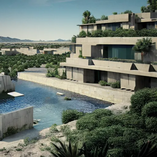Prompt: architectural rendering of habitat 6 7 in the desert, biophilia mood, pool, garden, highly detailed, cinematic,