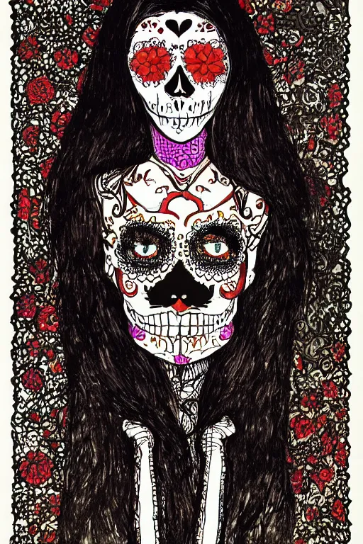 Image similar to Illustration of a sugar skull day of the dead girl, art by harry clarke