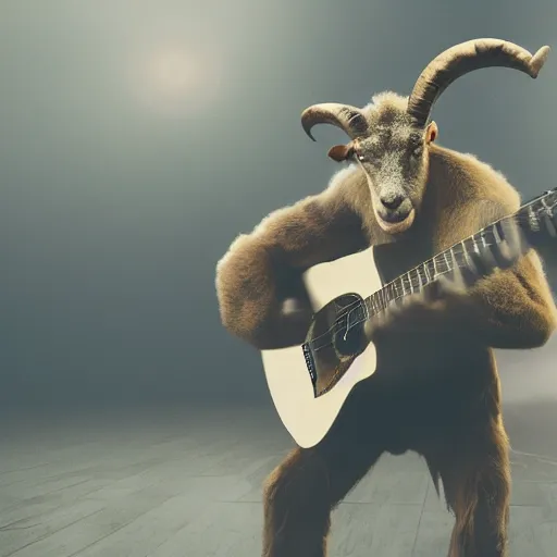 Image similar to a cinematic photo of a humanoid goat monster playing the guitar at a concert, movie still, fog, atmospheric, 4 k