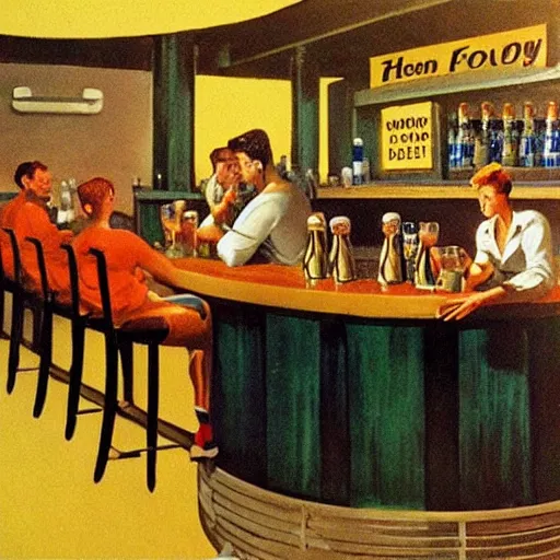 Prompt: A pint of beer sitting on a bar as painted by Dean Ellis