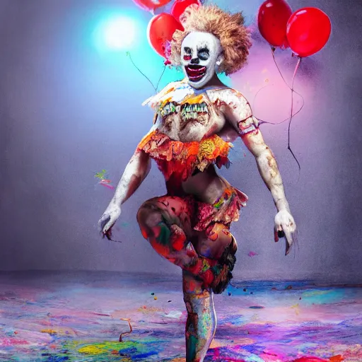 Prompt: full body pose, hyperrealistic mixed media painting of a seductive clown, dim volumetric lighting, 8 k, octane beautifully detailed render, extremely hyper detailed, intricate, epic composition, cinematic lighting, masterpiece, trending on artstation, very very detailed, masterpiece, stunning, hdr, smooth, sharp focus, high resolution, award, winning photo, dslr, 5 0 mm