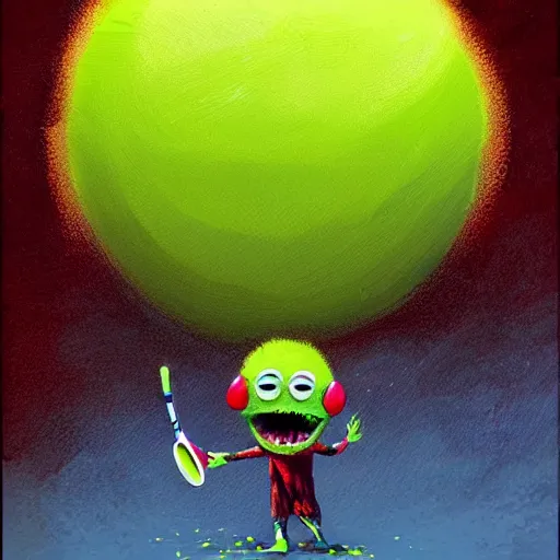 Image similar to a tennis ball monster ,tennis ball, spacetime, chalk, digital art, fantasy, magic, trending on artstation, ultra detailed, professional illustration by Basil Gogos