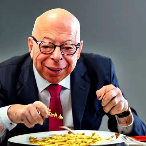 Image similar to a press photo of Klaus Schwab of the world economic forum eating bugs and other insects, horrible, 8k