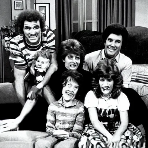 Prompt: vintage 1 9 8 0's sitcom, a happy photogenic family and a large giant evil wet slimy detailed monstrous demon creature inside a 1 9 8 0's sitcom living room