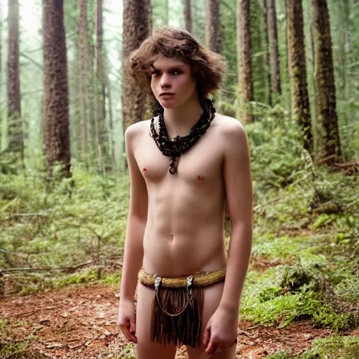 Prompt: a teenage boy, around 1 9 yo. necklace. natural brown hair. loincloth, pale skin. detailed face. ominous and eerie looking forest in background. natural colors. hyperrealistic photo.