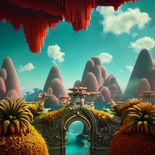 Prompt: infinite final fantasy candyland landscape fall god temple, moody, warm tones : : wes anderson, roger dean, sophie anderson, esao andrews : : ornate, dynamic, particulate, intricate, elegant, highly detailed, centered, artstation, smooth, sharp focus, octane render, 3 d