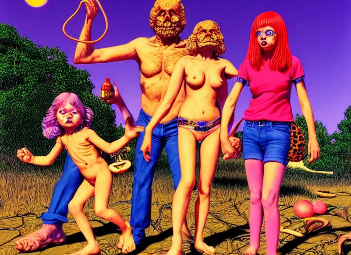 Image similar to photo of dadcore occult wizards and momcore witches on vacation, by richard corben by william eggleston, fujifilm velvia 5 0. masterpiece. intricate, hyper realism, high detail, octane render, unreal engine, 8 k, by katsuhiro otomo, full body character drawing, clean ink detailed line drawing, intricate detail, extremely detailed.