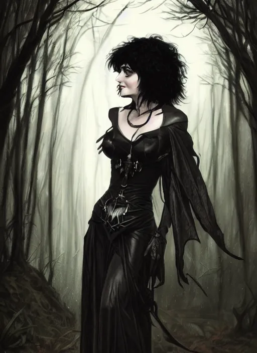 Image similar to portrait of siouxsie sioux, dark and ethereal, expressive pose, peaceful expression, dark gothic dress, fantasy, intricate, dark forest background, highly detailed, digital painting, artstation, concept art, smooth, sharp focus, illustration, art by artgerm and greg rutkowski and alphonse mucha