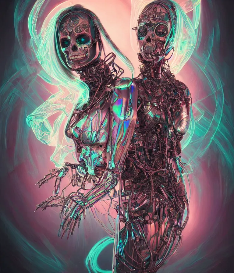 Image similar to fully symmetrical centered iridescent portrait of a beautiful princess of death in robe. skulls artificial muscles, ribcage, bones, hard surface modelling. cyberpunk look. biomechanical mask. bio luminescent biomechanical halo around head. neon jellyfish. artwork by jarold Sng by artgerm, by Eddie Mendoza, by Peter mohrbacher by tooth wu, unreal engine, octane render, cinematic light, high details, iridescent colors, dichroic, macro, depth of field, blur