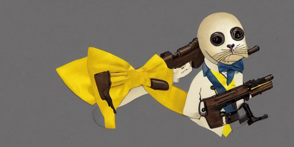 Image similar to a seal with a yellow bow tie holding a rifle and a severed hand