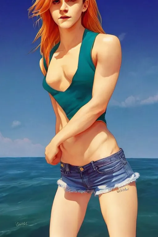 Image similar to a gorgeous hulking Emma Watson with very long hip-length blonde hair, wearing a cut-off white top and orange cut-off shorts standing by the water, in the style of artgerm and moebius and annie liebovitz, marvel comics, photorealistic, highly detailed, trending on artstation