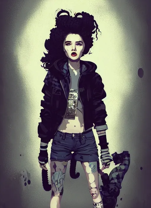 Image similar to highly detailed portrait of a sewer punk lady, tartan hoody, ringlet hair by atey ghailan, by greg rutkowski, by greg tocchini, by james gilleard, by joe fenton, by kaethe butcher, gradient grey, black, cream and white color scheme, grunge aesthetic!!! ( ( graffiti tag wall background ) )