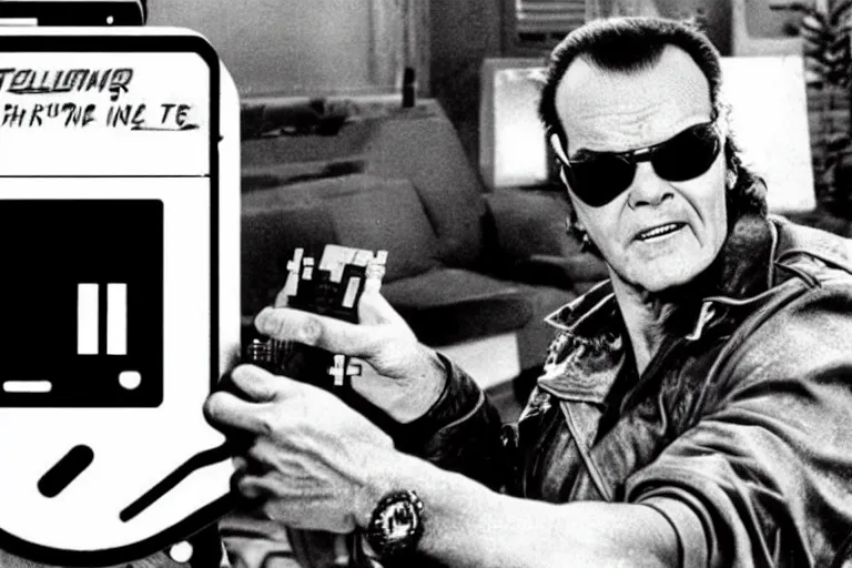 Prompt: Jack Nicholson as Terminator is playing with gameboy scene