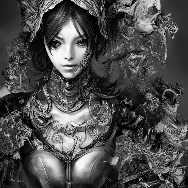 Image similar to the portrait of neutral evil fallen female dark knight vagabond as absurdly beautiful, gorgeous, elegant, sophisticated, idol, an ultrafine hyperdetailed illustration by kim jung gi, irakli nadar, intricate linework, bright colors, octopath traveler, final fantasy, unreal engine 5 highly rendered, global illumination, radiant light, detailed and intricate environment