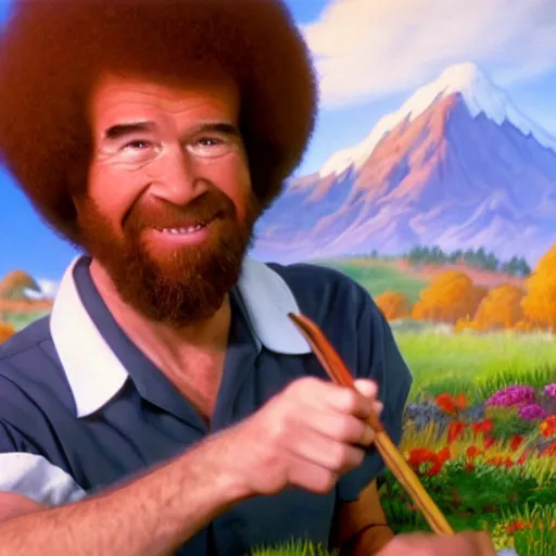 Image similar to a closeup photorealistic photograph of bob ross working on a canvas painting of mickey mouse. film still. brightly lit scene. mountains and trees. this 4 k hd image is trending on artstation, featured on behance, well - rendered, extra crisp, features intricate detail, epic composition and the style of unreal engine.