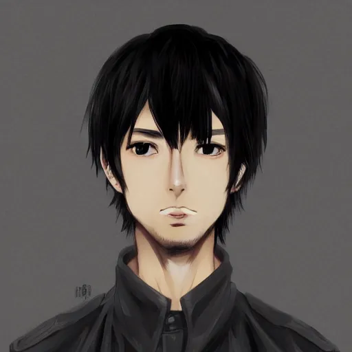 Prompt: Anime portrait of a man by Mahiro Maeda, he is about 30 years old, short black hair with bangs, his features are a mix between French, Turkish and Russian and he is wearing a beige and black utility jumpsuit, highly detailed portrait, digital painting, artstation, concept art, smooth, sharp foccus ilustration, Artstation HQ