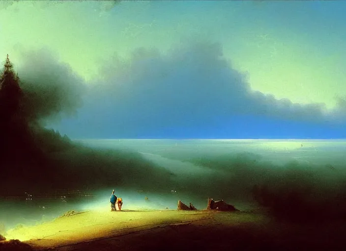 Prompt: blue - turquoise fog in the void, black background hyperrealism, no blur, 4 k resolution, ultra detailed, style of asher brown durand, ismail inceoglu, robert mccall, ivan aivazovsky, syd mead