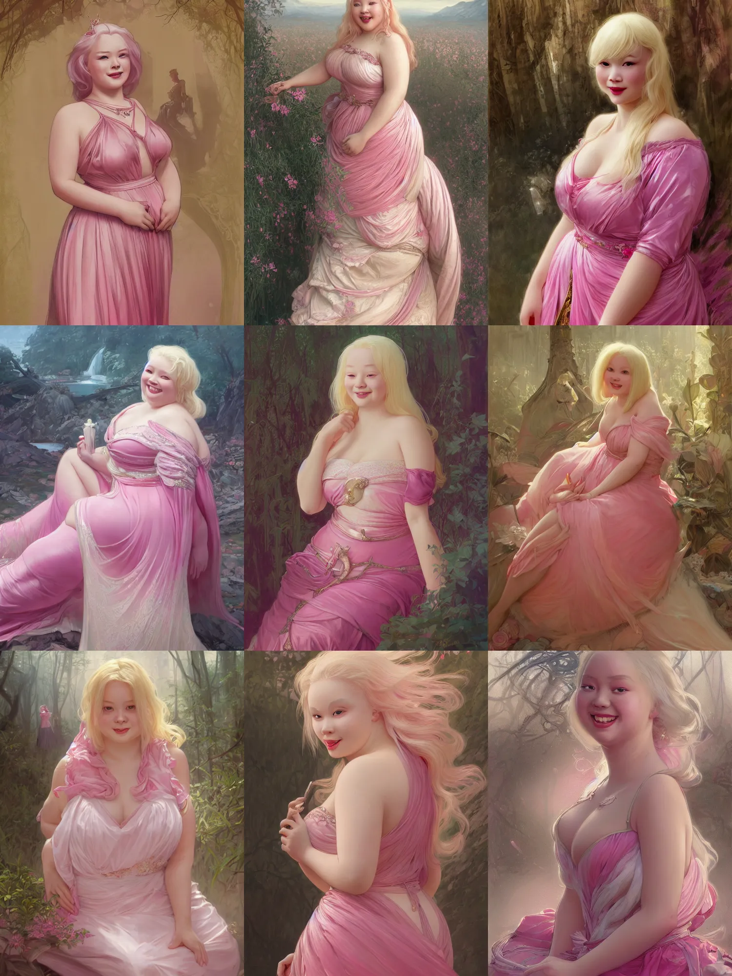 Prompt: a beautiful obese and detailed matte painting of a seductive smiling blonde girl albino asian in a shiny pink dress, fantasy, d & d, dark eyeliner, intricate, elegant, highly detailed, digital painting, artstation, concept art, matte, sharp focus, illustration, art by greg rutkowski and alphonse mucha