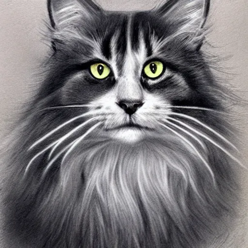 Image similar to long - haired siberian cat, illustration, charcoal, coulson, peter, bagshaw, tom