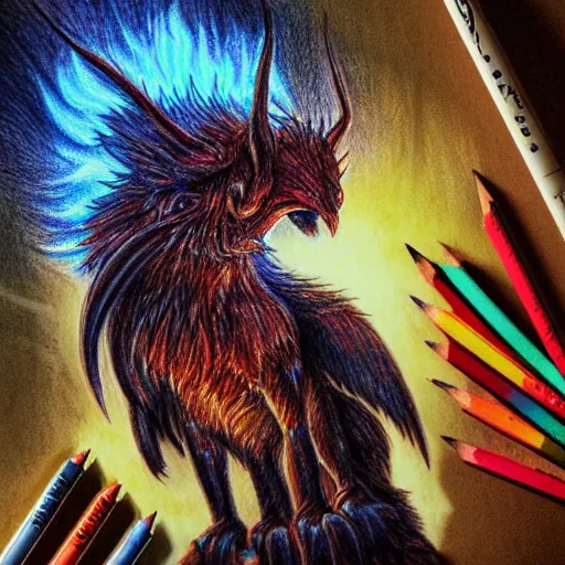 Image similar to A wide shot of griffin in the sky, colorful eyes, glowing eyes, fire, frost, angry, demonic, detailed pencil drawing, fine lines, rustic,