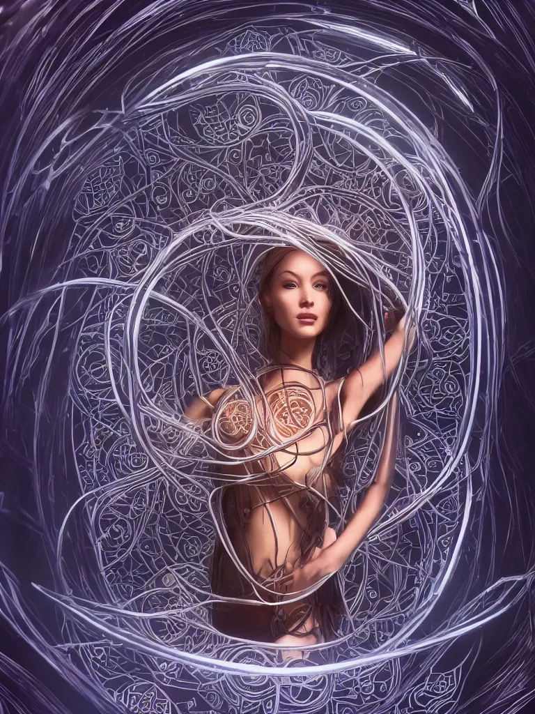 Prompt: a centered render of an alluring model floating through a robotic tunnel surrounded by flowing tendrils of energy and spiral mandalas, full body, gorgeous face, perfect face, powerful, by artgerm, 3 d, trending on artstation, octane render, 8 k