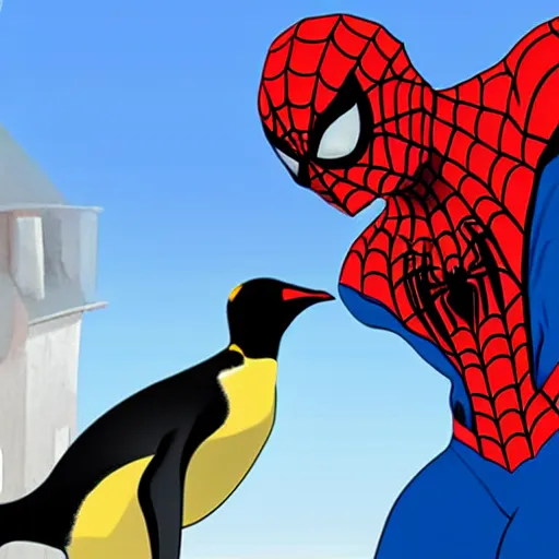 Image similar to spider man in a romantic dinner with an emperor penguin