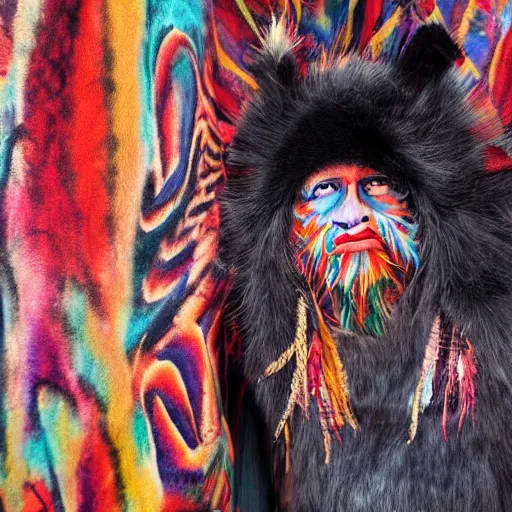 Image similar to a photography of a shamanic creature with big painted eyes and multiple layers of fabric and fur by charles freger