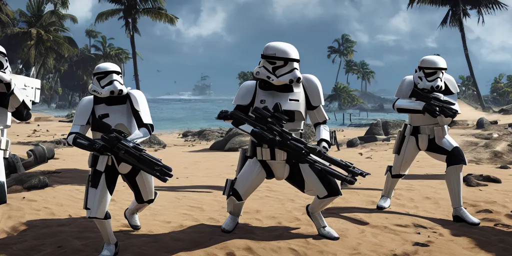Prompt: screenshot of shore troopers, on scarif, ea star wars battlefront 2015