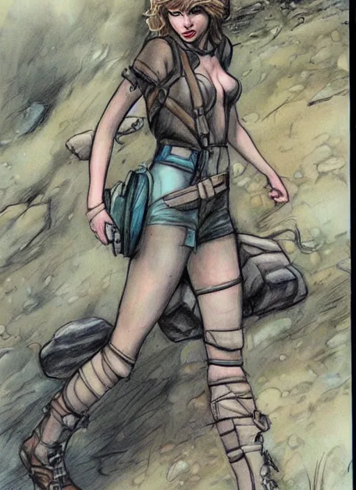 Image similar to beautiful concept art comic book drawing of taylor swift hiking by randy vargas and simon bisley