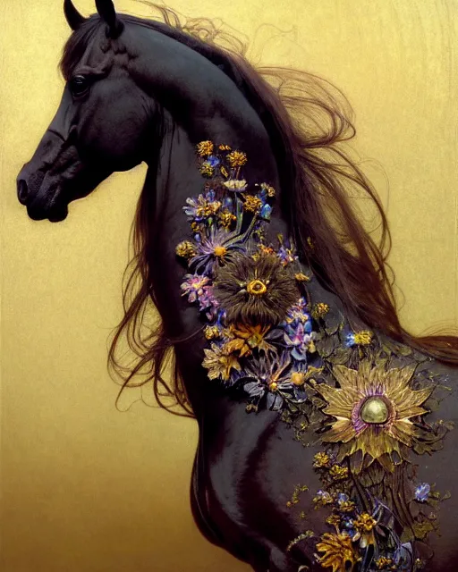 Image similar to side portrait of the horse of iridescent decay, uniquely beautiful animal, with flowers and plants, emotionally evoking symbolic metaphors, in focus, heavily gothic ornamental, intricate, elegant, highly detailed photorealistic digital painting, artstation, concept art, painterly, golden ratio, sharp focus, illustration, art by greg rutkowski and alphonse mucha,