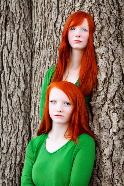 Image similar to a portrait of a redhead beautiful girl, green eyes, highly detailed, 3 5 mm f 1. 4 background silver fir