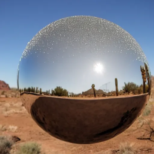 Image similar to a large metallic ball with a mirror finish sits in the Arizona desert