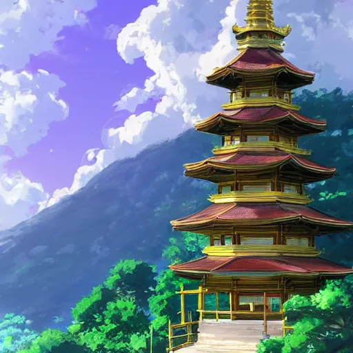 Prompt: a pagoda with a path surrounded by mountains, stormy weather. Makoto Shinkai, anime, trending on ArtStation, digital art. W- 2000